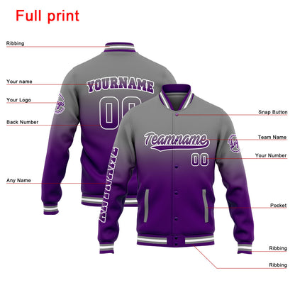 Benutzerdefinierte Varsity-Jacke. Letterman-Jacke für Männer, Frauen und Jugendliche Grauvioletter Verlauf