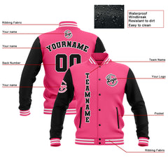 Benutzerdefiniert  Schwarz Rosa Weiß Wasserdichte Varsity Jacken Personalisiert genäht Name Nummer Logo zu Letterman Jacken