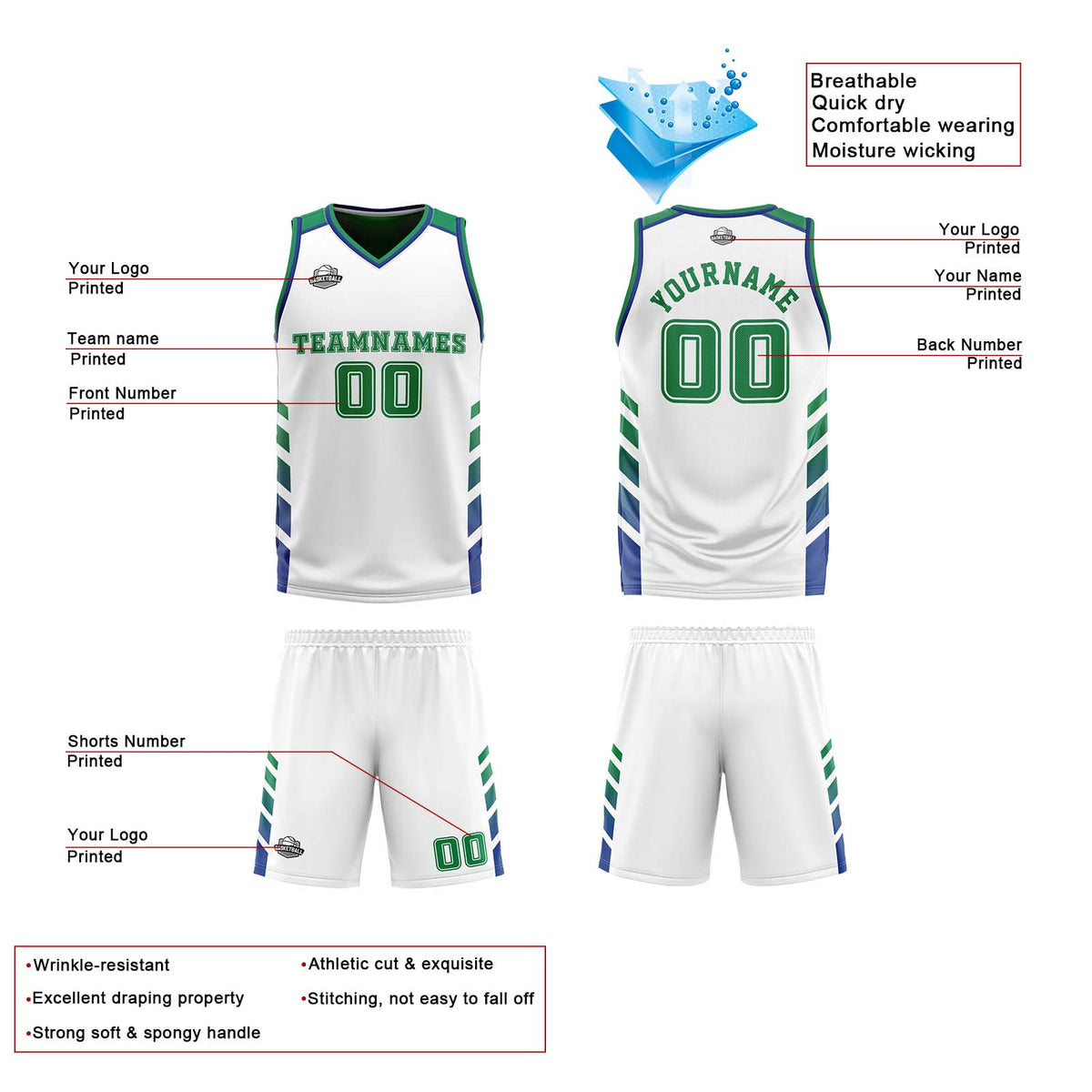 Benutzerdefinierte Weiß Grün Reversible Basketball Jersey Personalisierte Print Name Nummer Logo
