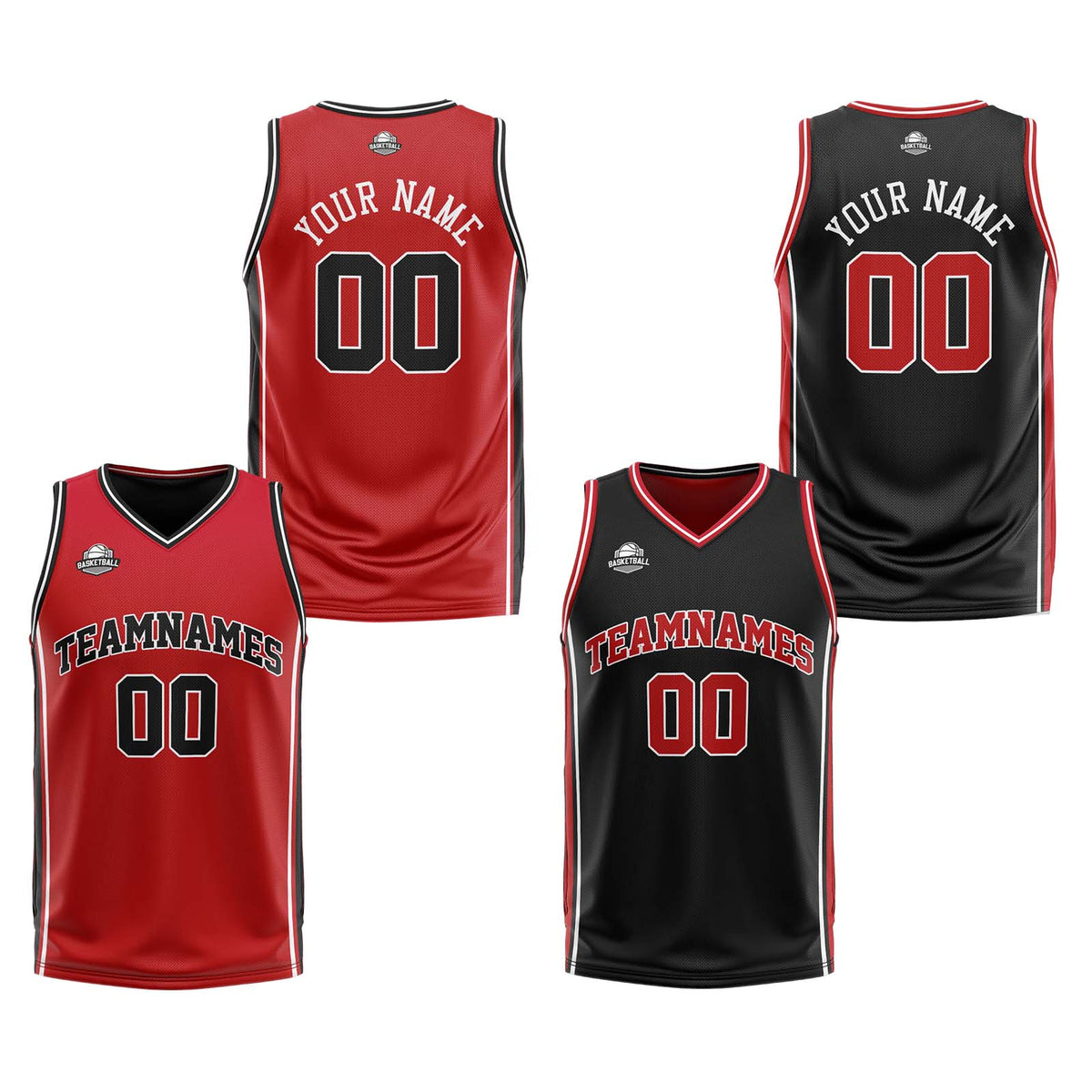 Benutzerdefinierte Rot Schwarz Weiß Reversible Basketball Jersey Personalisierte Print Name Nummer Logo