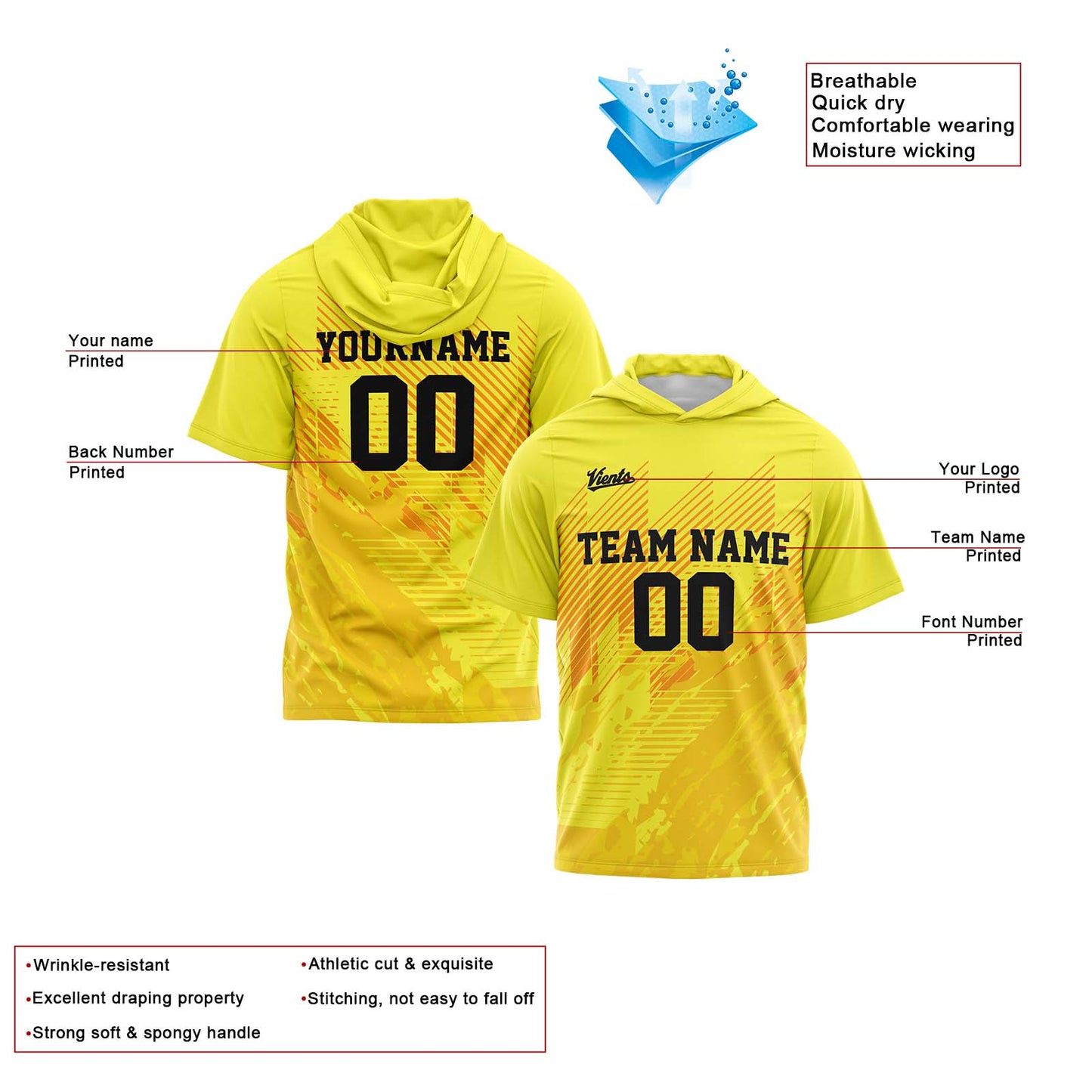 Benutzerdefinierte Gelb Kurzarm-Kapuzenpullover für Männer Frauen Hemden mit Kapuzen gedruckt Name Logo