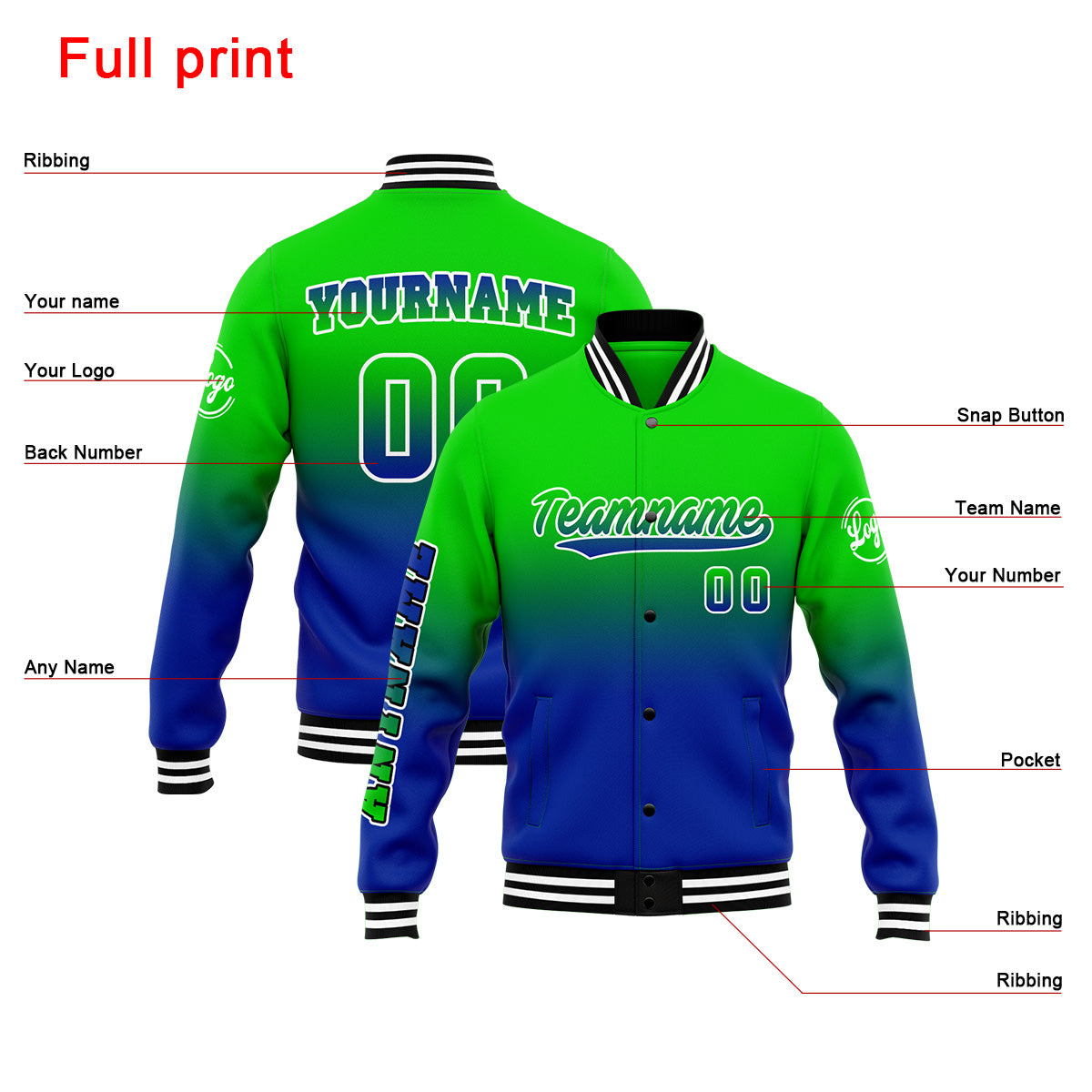 Benutzerdefinierte Verlauf Varsity-Jacke. Letterman-Jacke Grün Blau
