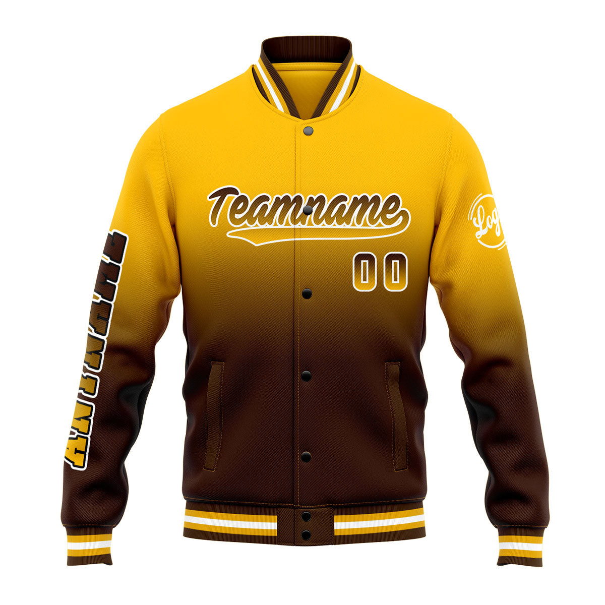 Benutzerdefinierte Verlauf Varsity-Jacke. Letterman-Jacke Gelb braun