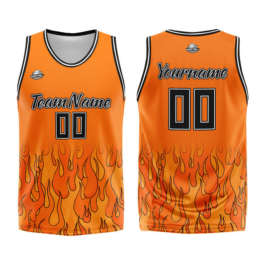 Benutzerdefinierter Basketball Jersey Uniform Anzug gedruckt Ihr Logo Name Nummer Orange Flamme