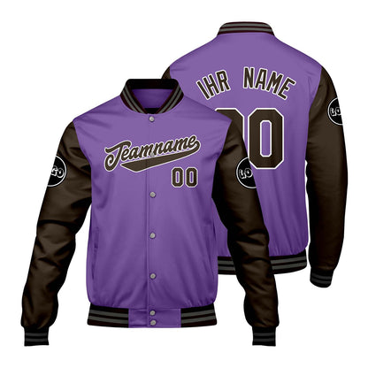 Maßgeschneiderte Lila Braun Letterman Varsity Jacket Individuelle Stickerei Druck nach Ihrem Wunsch