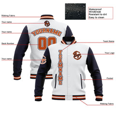 Benutzerdefiniert  Weiß Marine Orange Wasserdichte Varsity Jacken Personalisiert genäht Name Nummer Logo zu Letterman Jacken