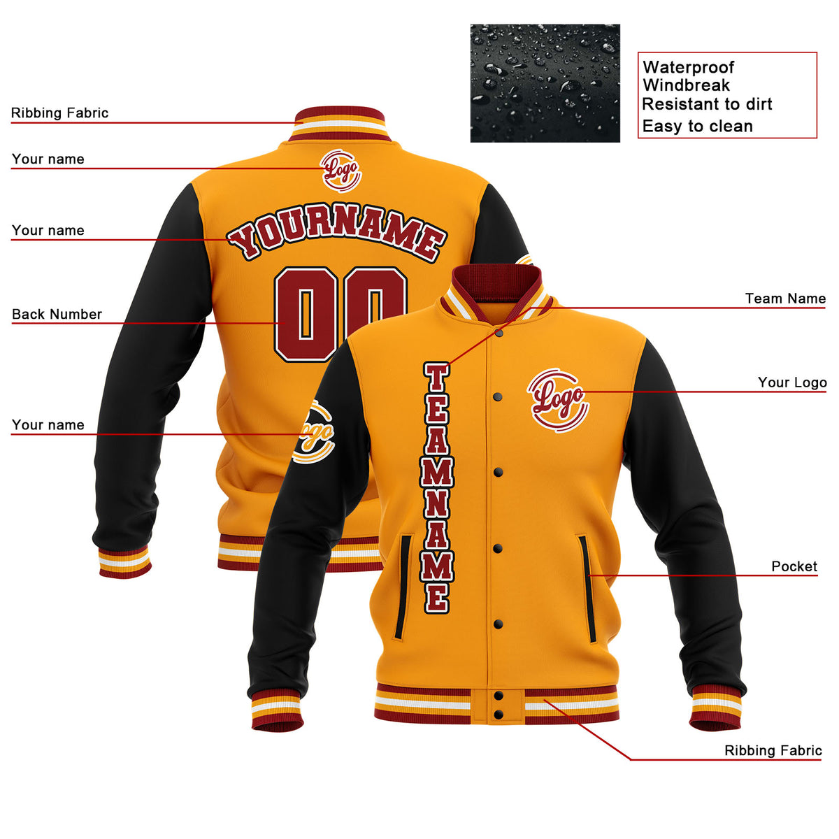 Benutzerdefiniert Schwarz Gelb Rot Wasserdichte Varsity Jacken Personalisiert genäht Name Nummer Logo zu Letterman Jacken
