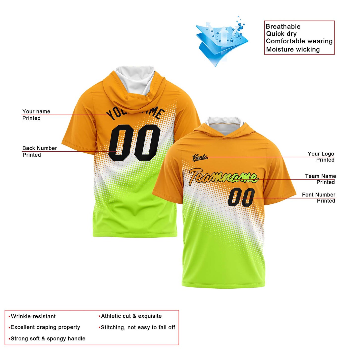 Benutzerdefinierte Orange Weiß Grün Kurzarm-Kapuzenpullover für Männer Frauen Hemden mit Kapuzen gedruckt Name Logo
