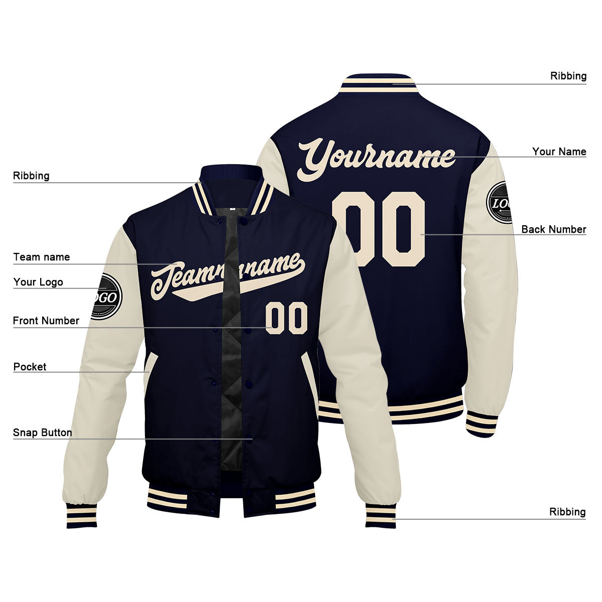 Benutzerdefinierte Verlauf Varsity-Jacke. Letterman-Jacke Marine Creme