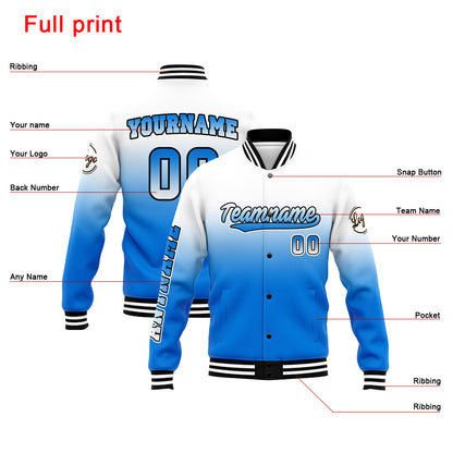 Benutzerdefinierte Verlauf Varsity-Jacke. Letterman-Jacke Weiß Blau