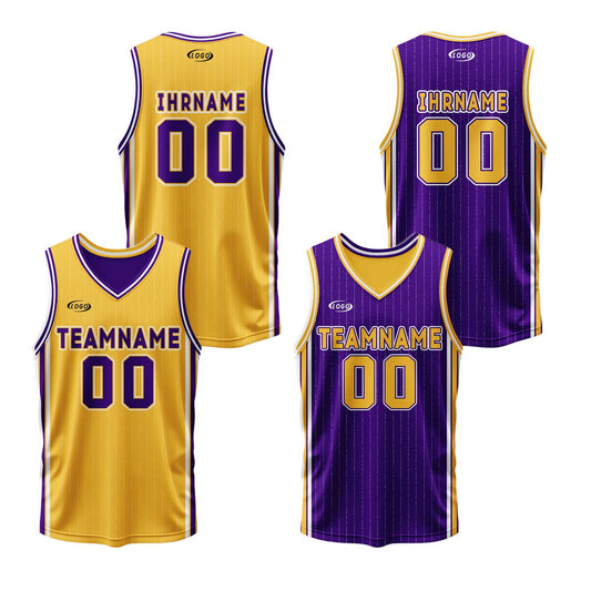 Benutzerdefinierte Gelb Lila Reversible Basketball Jersey Personalisierte Drucken Name Nummer Logo