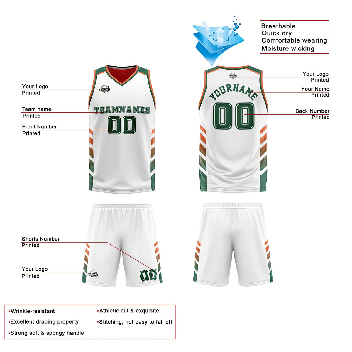 Benutzerdefinierte Weiß Orange Grün Reversible Basketball Jersey Personalisierte Print Name Nummer Logo
