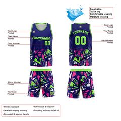 Benutzerdefinierter Basketball Jersey Uniform Anzug gedruckt Ihr Logo Name Nummer Marine &Neon Grün