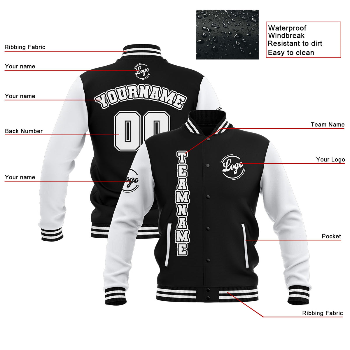 Benutzerdefiniert Schwarz Weiß Wasserdichte Varsity Jacken Personalisiert genäht Name Nummer Logo zu Letterman Jacken