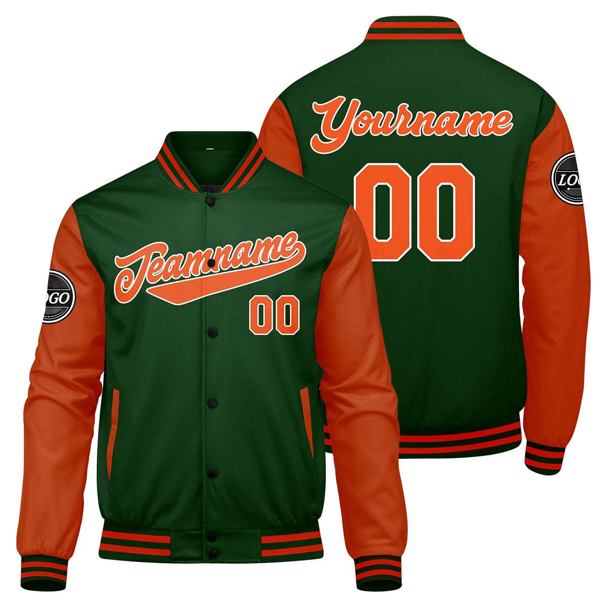 Benutzerdefinierte Verlauf Varsity-Jacke. Letterman-Jacke Dunkelgrün Orange