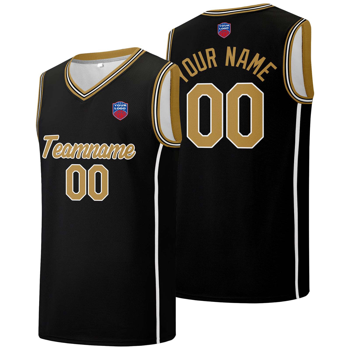 Individuelle Basketball-Jersey-Shorts für Männer und Frauen. Gestickter und gedruckter Name, Nummer und Logo Schwarz&Gold