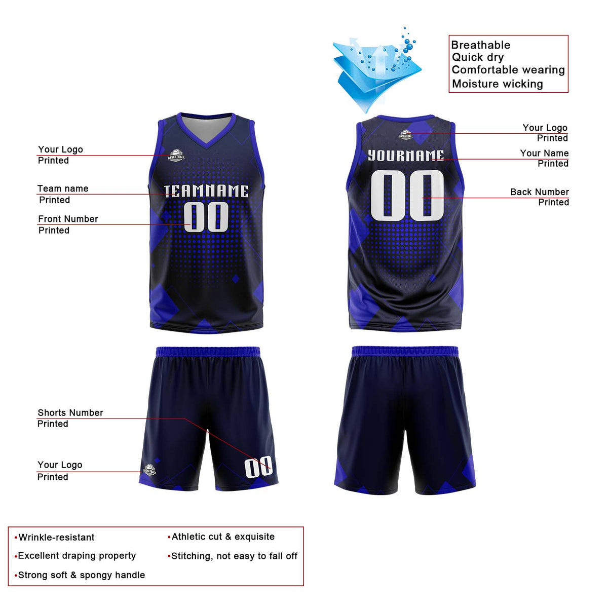 Benutzerdefinierte Royal Reversible Basketball Jersey Personalisierte Print Name Nummer Logo