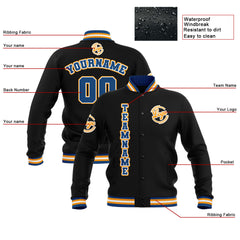 Benutzerdefiniert Schwarz Blau Gelb Wasserdichte Varsity Jacken Personalisiert genäht Name Nummer Logo zu Letterman Jacken