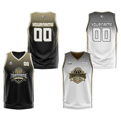 Benutzerdefinierte Schwarz Altes Gold Weiß Reversible Basketball Jersey Personalisierte Print Name Nummer Logo