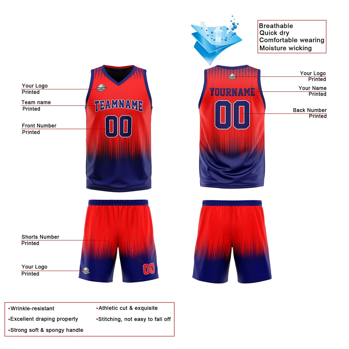 Benutzerdefinierte Rot Dunkelblau Reversible Basketball Jersey Personalisierte Print Name Nummer Logo