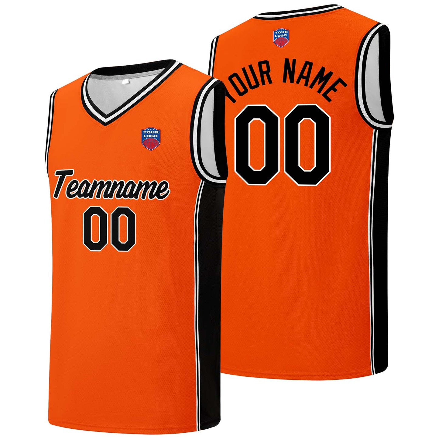 Individuelle Basketball-Jersey-Shorts für Männer und Frauen. Gestickter und gedruckter Name, Nummer und Logo Orange&Schwarz
