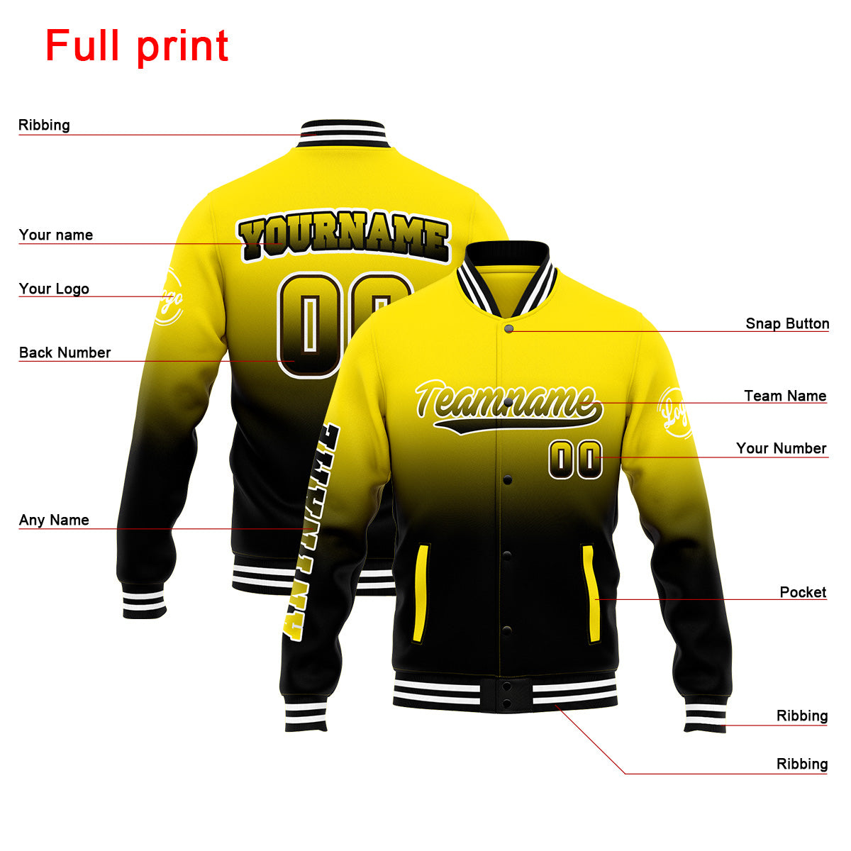 Benutzerdefinierte Verlauf Varsity-Jacke. Letterman-Jacke Gelb Schwarz