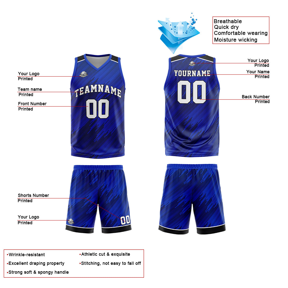 Benutzerdefinierter Royal Basketball Jersey Uniform Anzug gedruckt Ihr Logo Name Nummer