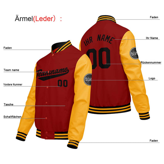 Maßgeschneiderte Gelb Rot Letterman Varsity Jacket Individuelle Stickerei Druck nach Ihrem Wunsch