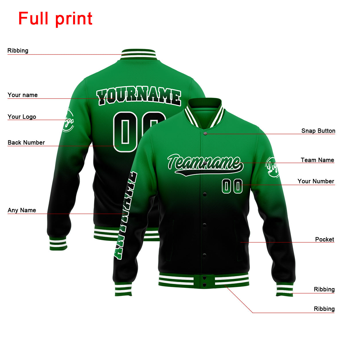 Benutzerdefinierte Verlauf Varsity-Jacke. Letterman-Jacke Grün Schwarz