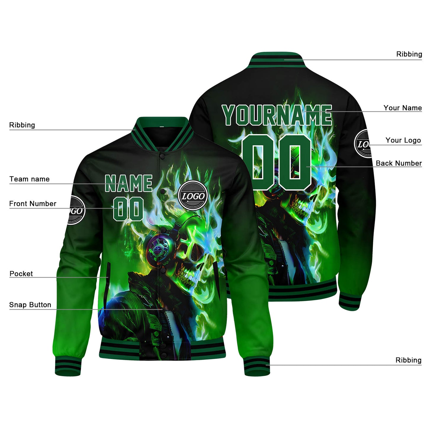 Benutzerdefinierte Verlauf Varsity-Jacke. Letterman-Jacke Schwarz Grün