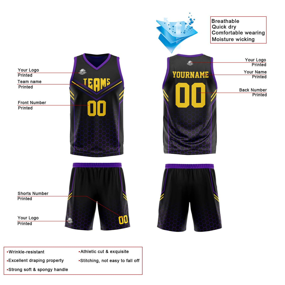 Benutzerdefinierte Schwarz Lila Reversible Basketball Jersey Personalisierte Print Name Nummer Logo