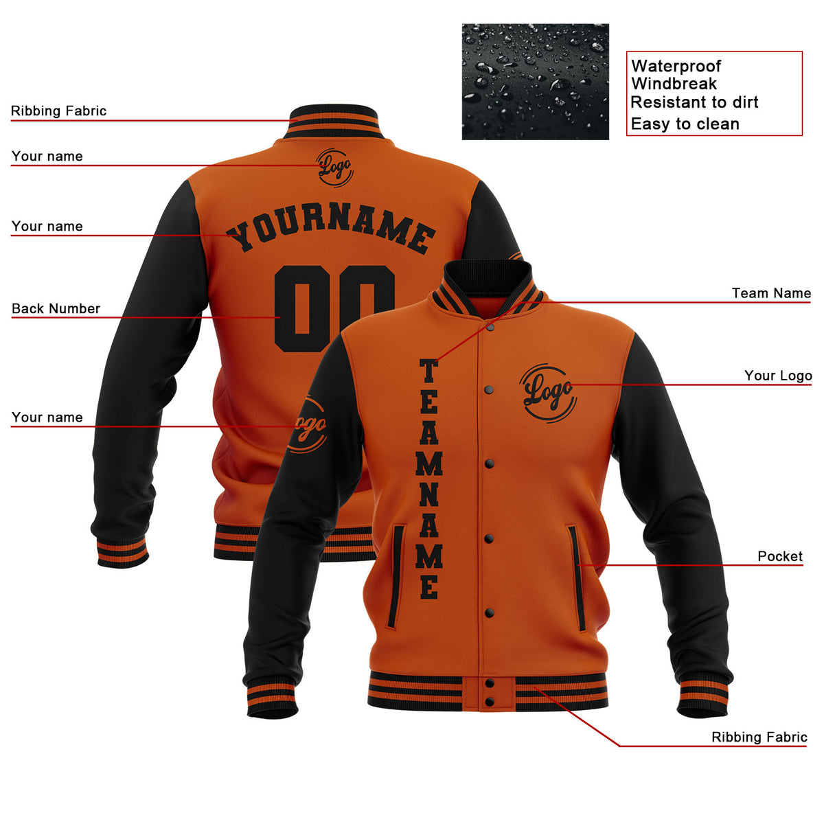 Benutzerdefiniert Schwarz Dunkel Orange Wasserdichte Varsity Jacken Personalisiert genäht Name Nummer Logo zu Letterman Jacken