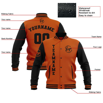 Benutzerdefiniert Schwarz Dunkel Orange Wasserdichte Varsity Jacken Personalisiert genäht Name Nummer Logo zu Letterman Jacken