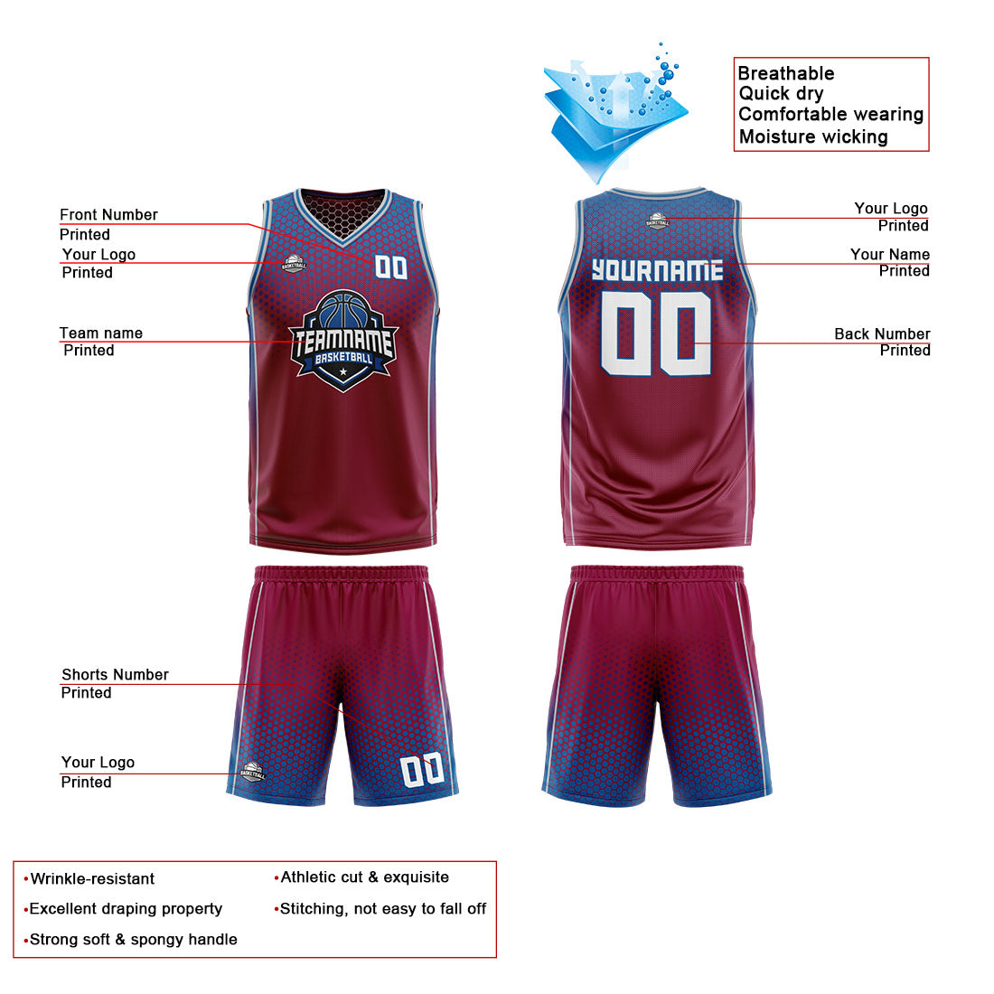 Benutzerdefinierte Rot Weiß Blau Reversible Basketball Jersey Personalisierte Print Name Nummer Logo