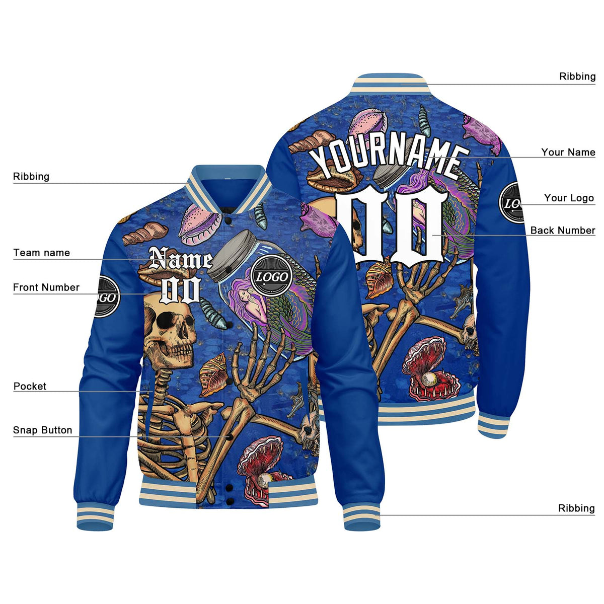 Benutzerdefinierte Verlauf Varsity-Jacke. Letterman-Jacke Blau