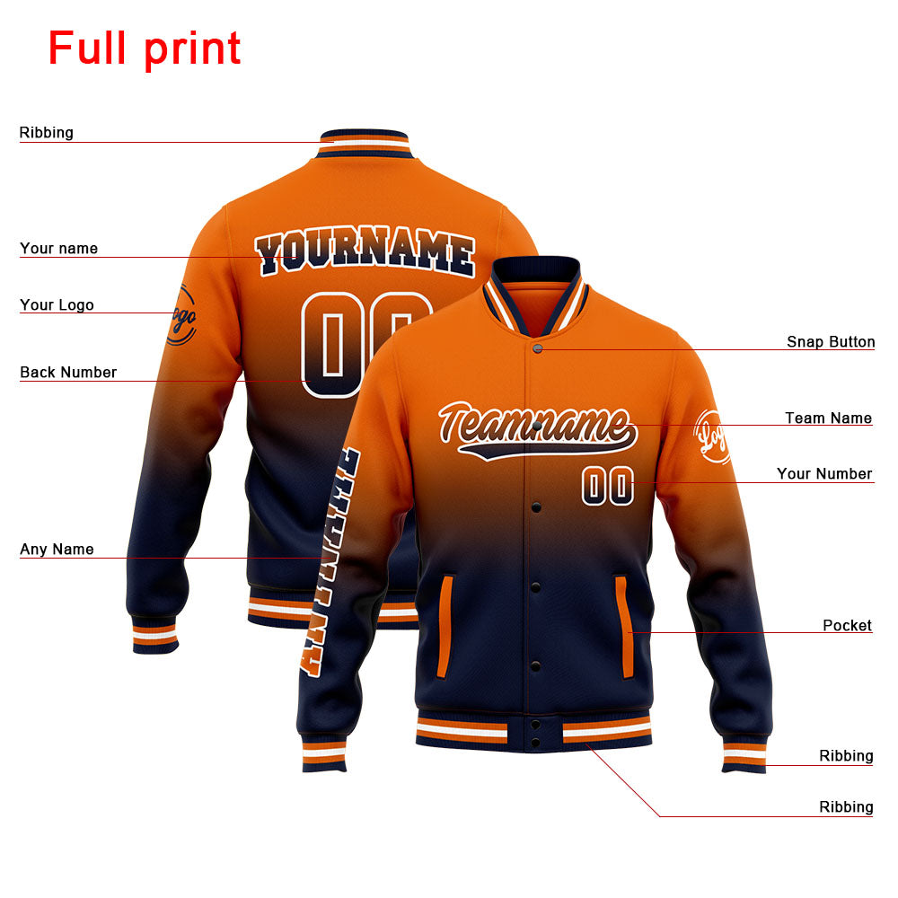 Benutzerdefinierte Varsity-Jacke. Letterman-Jacke für Männer, Frauen und Jugendliche Marine Orange