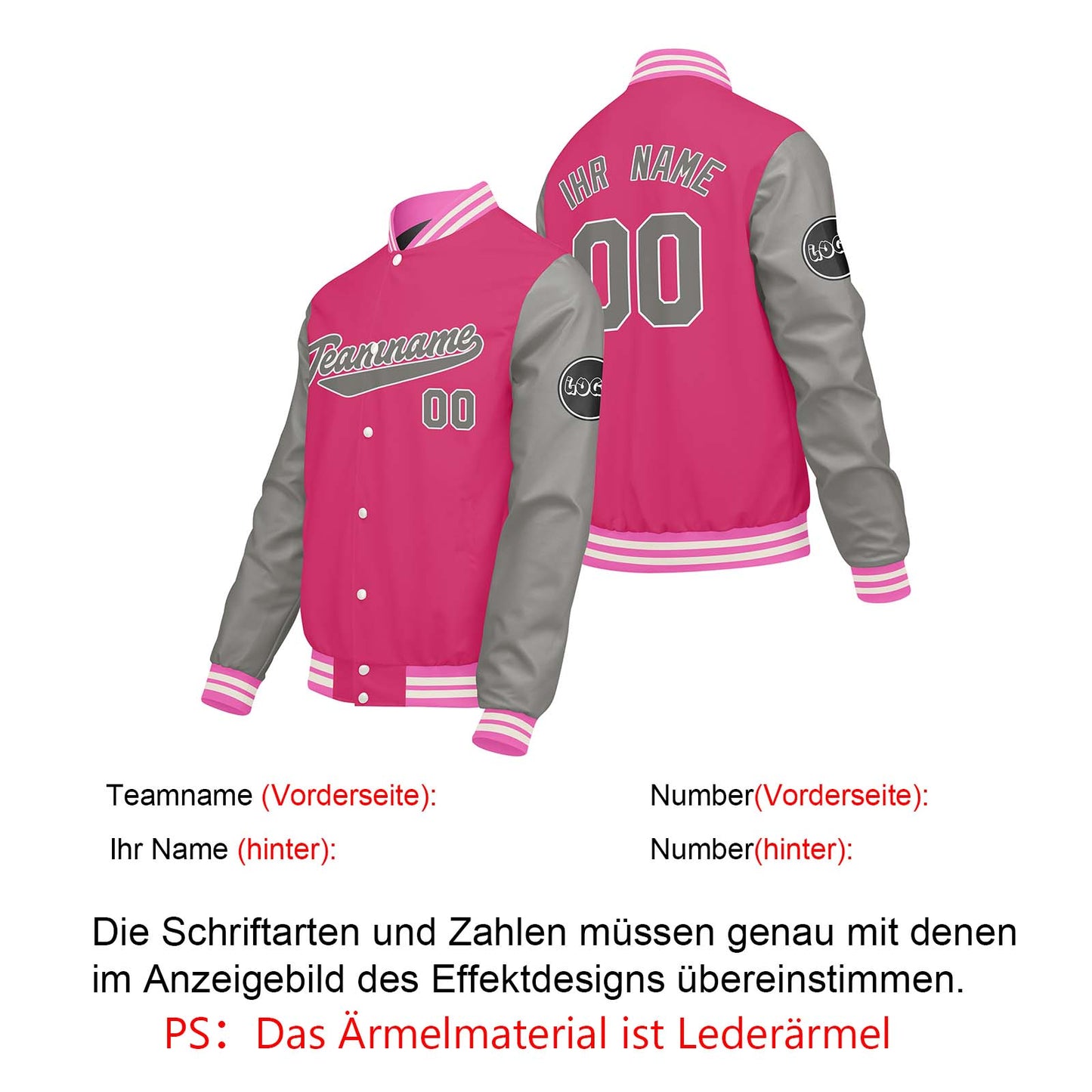 Maßgeschneiderte Hellgrau Rosa Letterman Varsity Jacket Individuelle Stickerei Druck nach Ihrem Wunsch