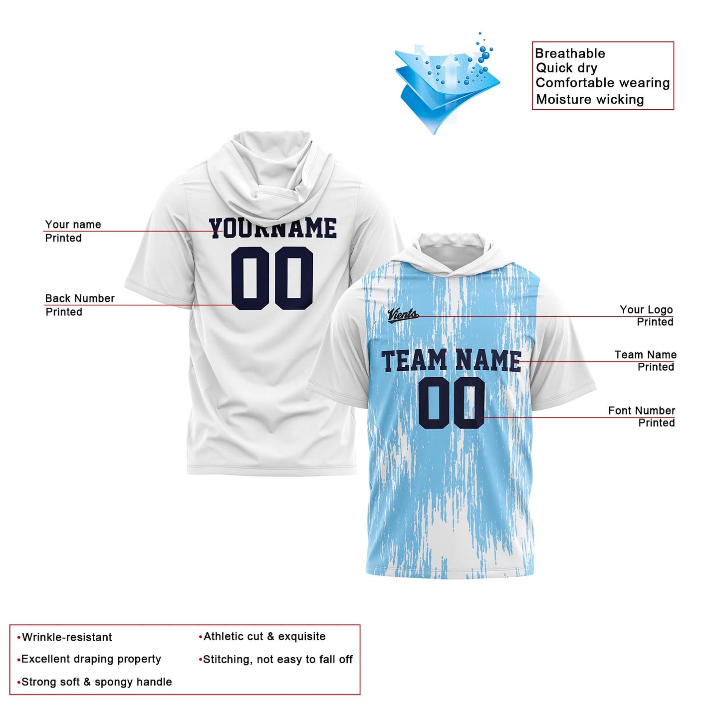 Benutzerdefinierte Weiß Hellblau Kurzarm-Kapuzenpullover für Männer Frauen Hemden mit Kapuzen gedruckt Name Logo