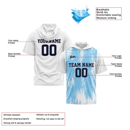 Benutzerdefinierte Weiß Hellblau Kurzarm-Kapuzenpullover für Männer Frauen Hemden mit Kapuzen gedruckt Name Logo