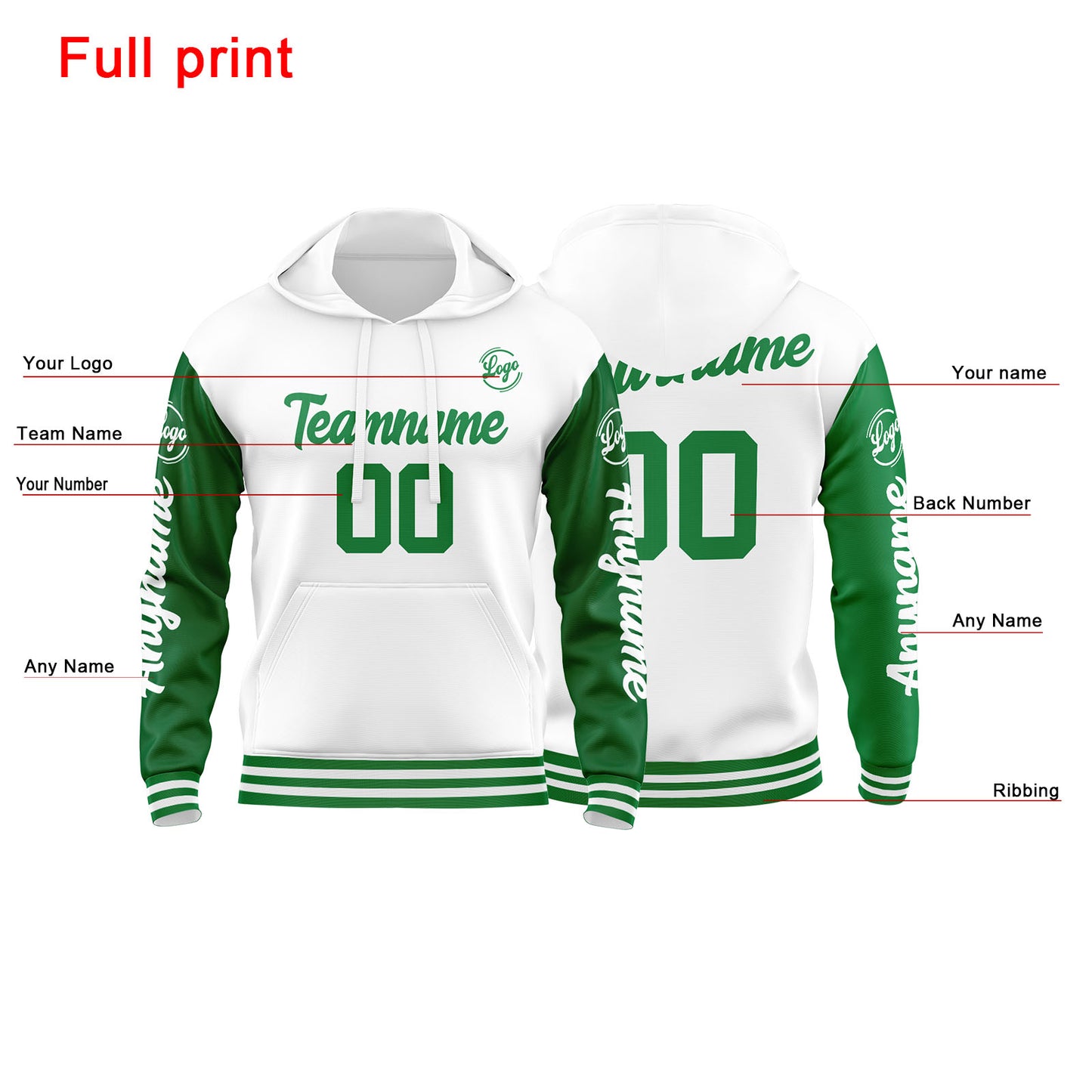 Benutzerdefinierter Grün Weiß Hoodie für Mann, Frau, Mädchen, Junge. Drucken Sie Ihr Logo, Ihren Namen und Ihre Nummer