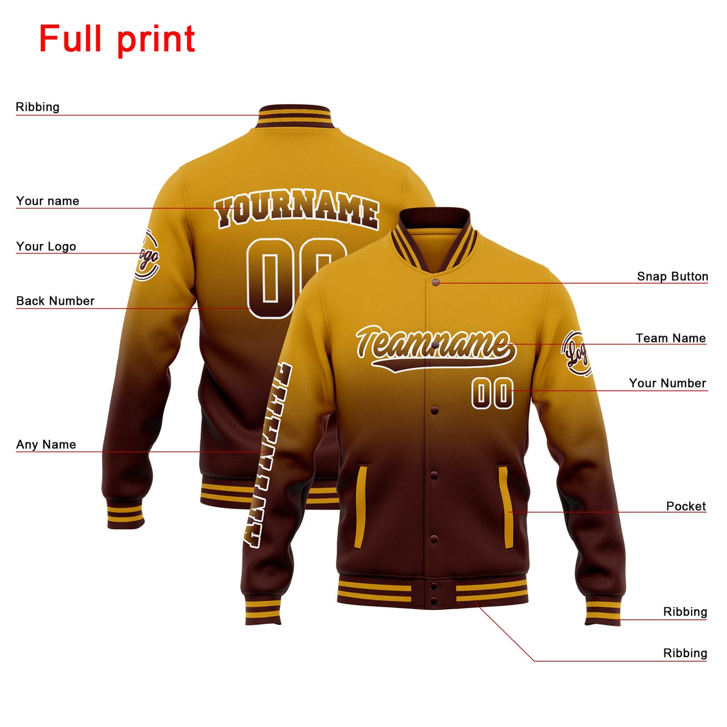 Benutzerdefinierte Varsity-Jacke. Letterman-Jacke für Männer, Frauen und Jugendliche Gold Burgund Verlauf