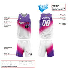 Benutzerdefinierte Reversible Basketball Jersey Personalisierte Print Name Nummer Logo Weiß-heißes Rosa-Lila