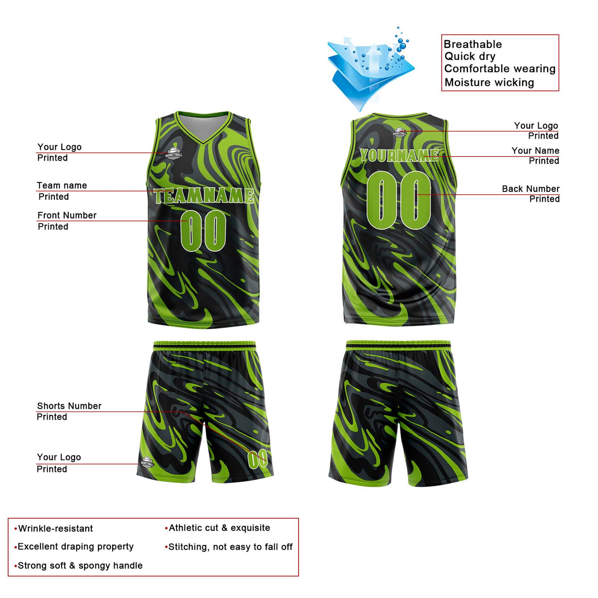 Benutzerdefinierter Grün Schwarz Basketball Jersey Uniform Anzug gedruckt Ihr Logo Name Nummer