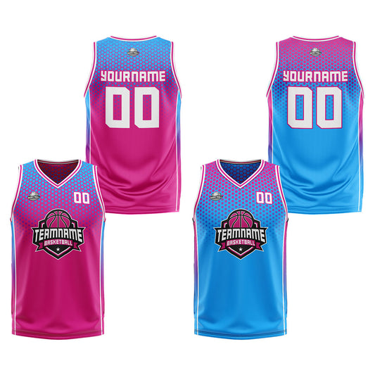 Benutzerdefinierte Reversible Basketball Jersey Personalisierte Print Name Nummer Logo Heiß Rosa -Blau