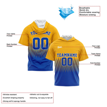 Benutzerdefinierte Gelb Blau Kurzarm-Kapuzenpullover für Männer Frauen Hemden mit Kapuzen gedruckt Name Logo