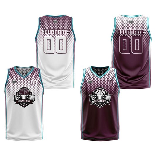 Benutzerdefinierte Weiß Rot Cyan Reversible Basketball Jersey Personalisierte Print Name Nummer Logo
