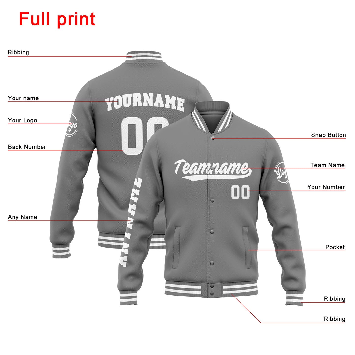 Benutzerdefinierte Varsity-Jacke. Letterman-Jacke für Männer, Frauen und Jugendliche Grau Weiß