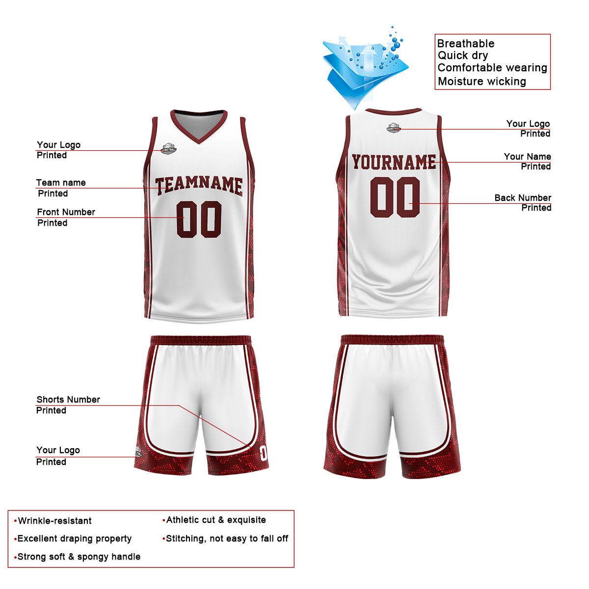 Benutzerdefinierter Weiß Dunkelrot Basketball Jersey Uniform Anzug gedruckt Ihr Logo Name Nummer