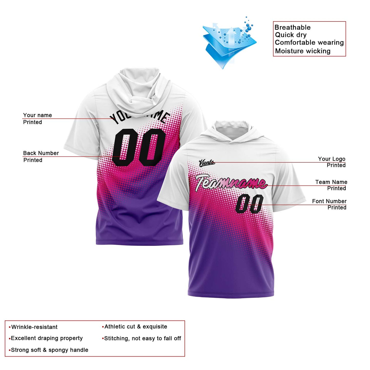 Benutzerdefinierte Weiß Rosa Violett Kurzarm-Kapuzenpullover für Männer Frauen Hemden mit Kapuzen gedruckt Name Logo