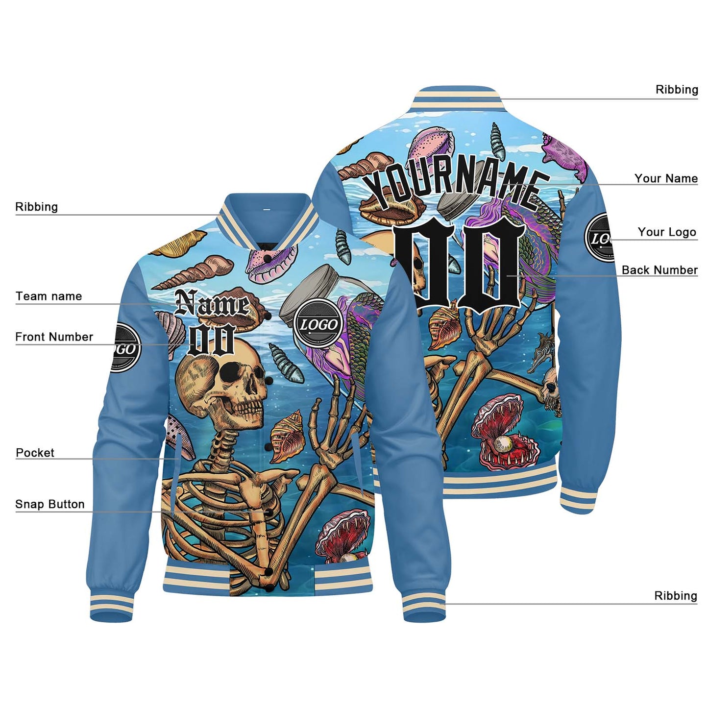 Benutzerdefinierte Verlauf Varsity-Jacke. Letterman-Jacke Hellblau